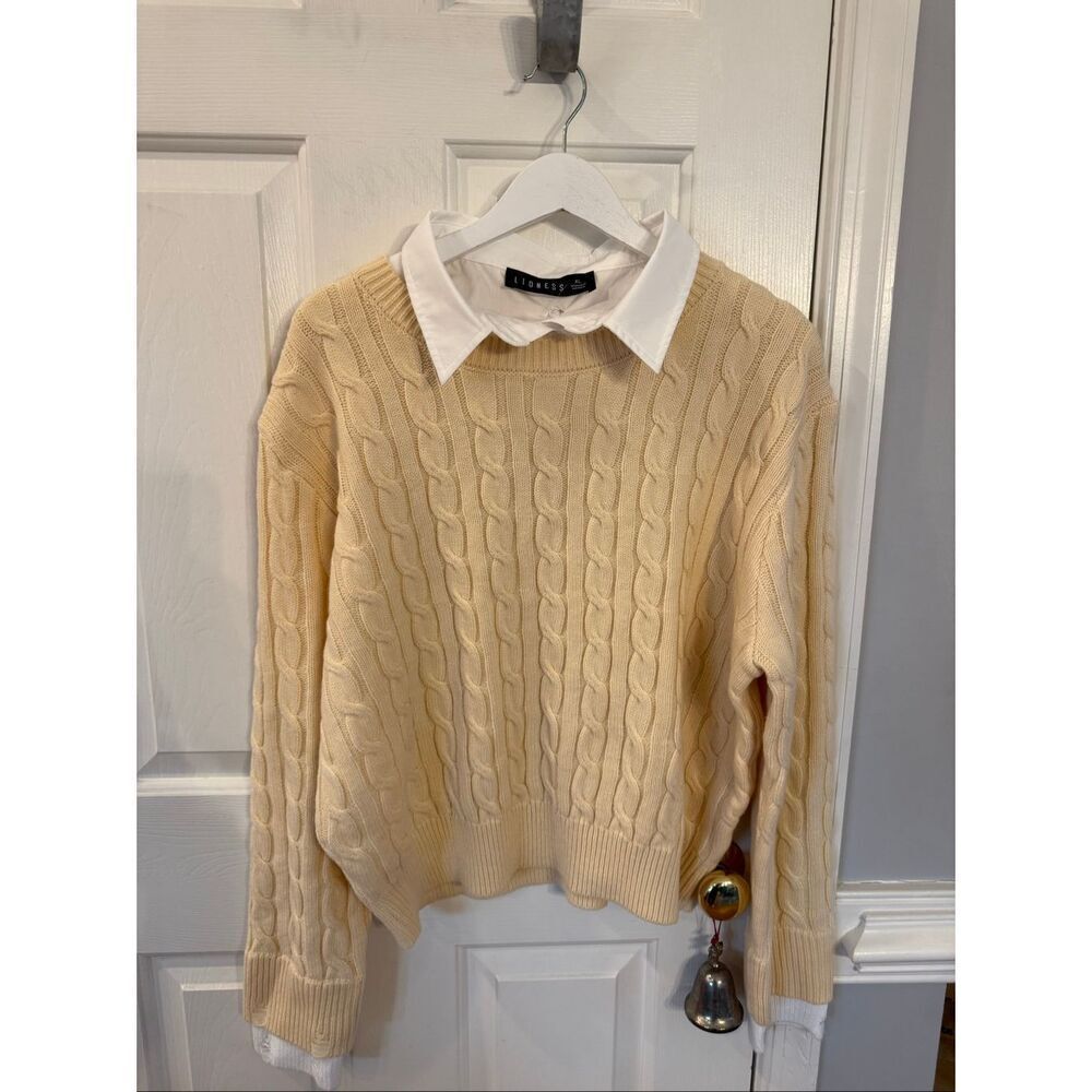 Lioness Pale Yellow Cable Knit Dickie Spring Sweater sz XL NWT